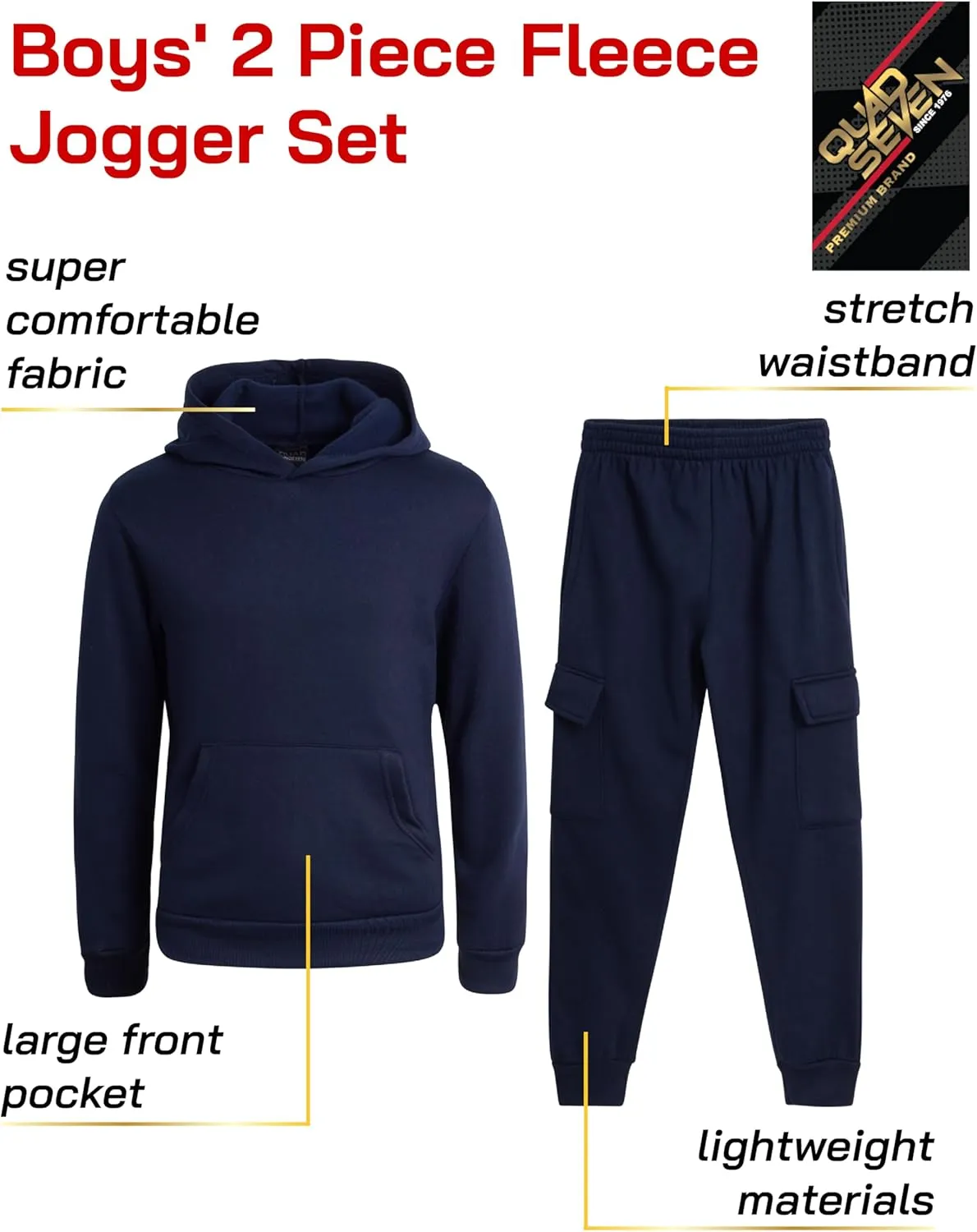 Boys' Fleece Jogger Set - 2 Piece Basic Solid Pullover Hoodie and Cargo Pocket Sweatpants (Size: 8-18)