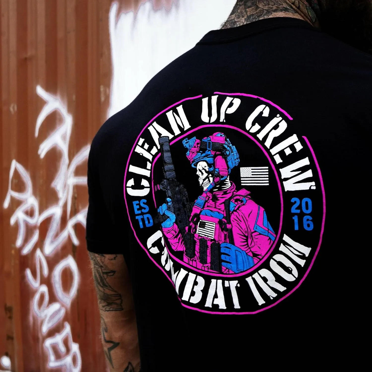 Combat Iron Clean Up Crew Operator Skull Men's Graphic Short Sleeve T-Shirt - Athletic Fit Tees Men