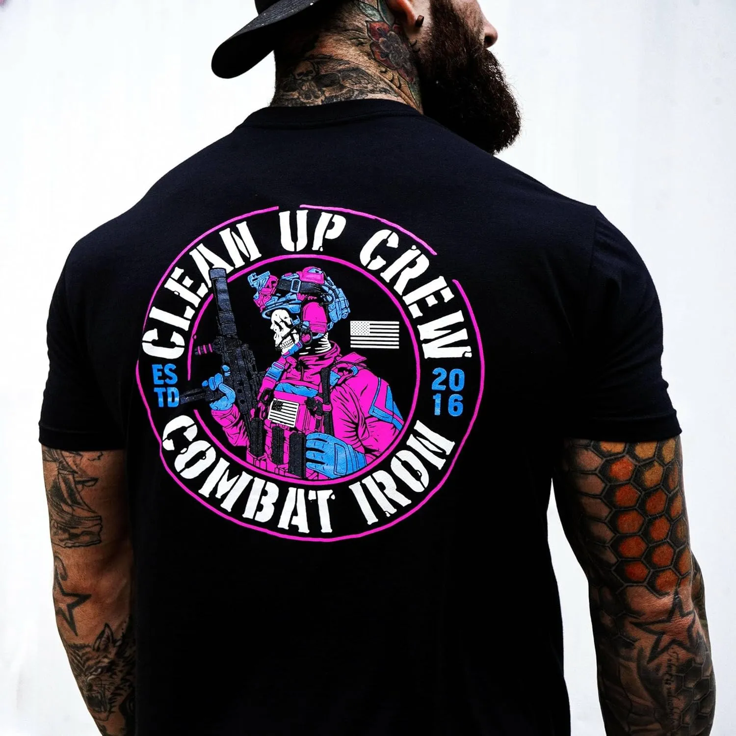 Combat Iron Clean Up Crew Operator Skull Men's Graphic Short Sleeve T-Shirt - Athletic Fit Tees Men