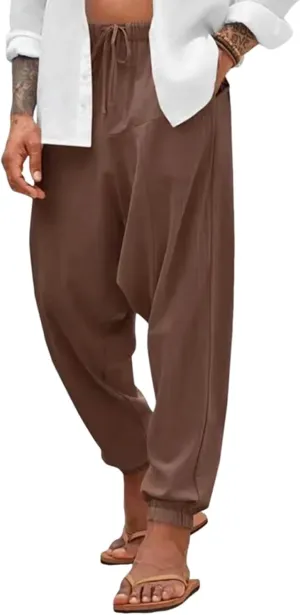 Linen Pants Elastic Waist Drawstring Beach Pants Harem Summer Pants Casual Lightweight Linen Trouser with Pockets