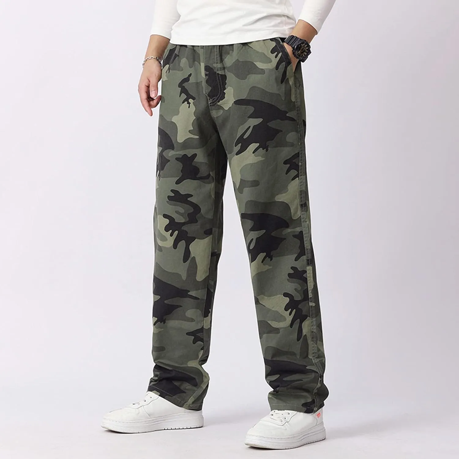 Mens Casual Loose Track Pants Plus Size Elastic Waist Camo Cargo Pants Cotton Durable Jogger Sweatpants Big & Tall
