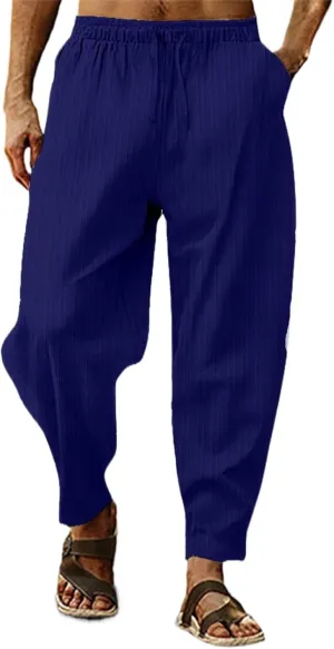 Men's Cotton Linen Harem Pants Loose Elastic Waist Lightweight Yoga Beach Pants Casual Cropped Trousers with Pockets