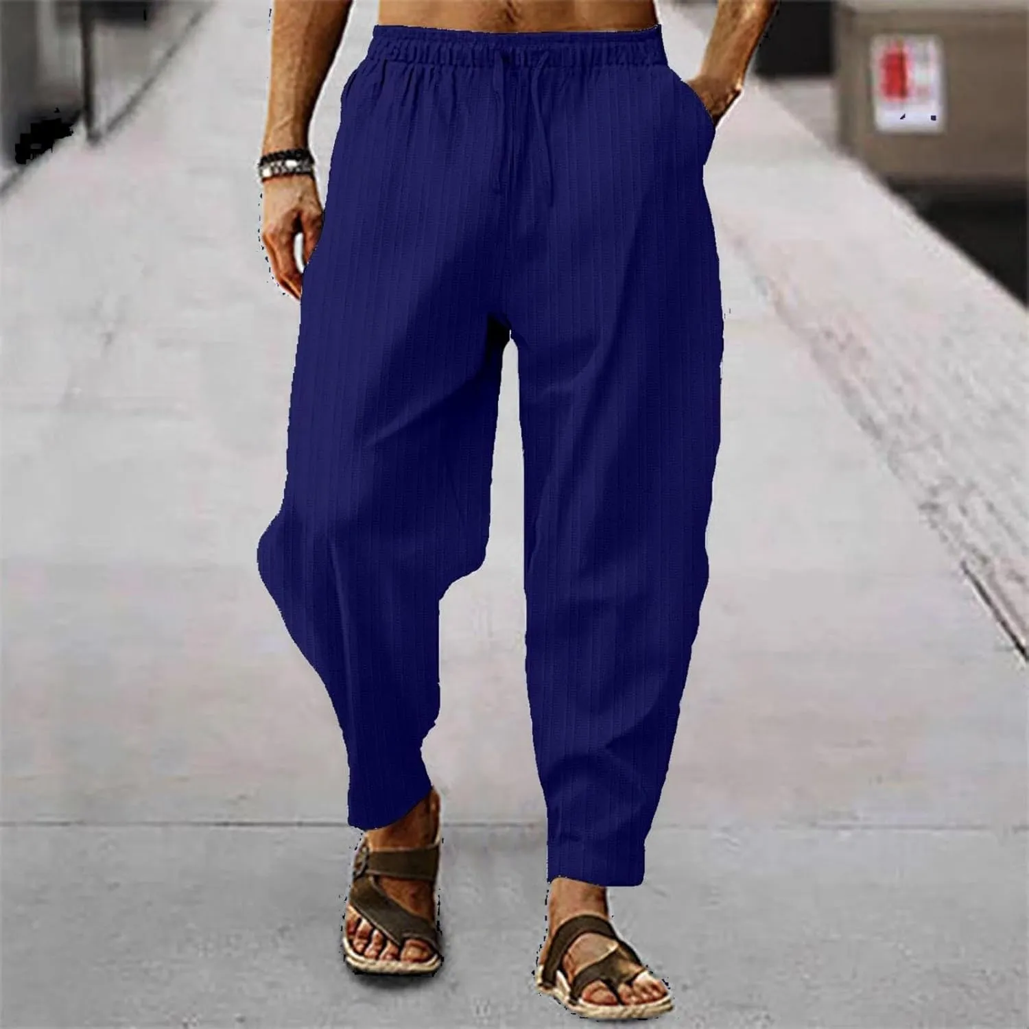 Men's Cotton Linen Harem Pants Loose Elastic Waist Lightweight Yoga Beach Pants Casual Cropped Trousers with Pockets
