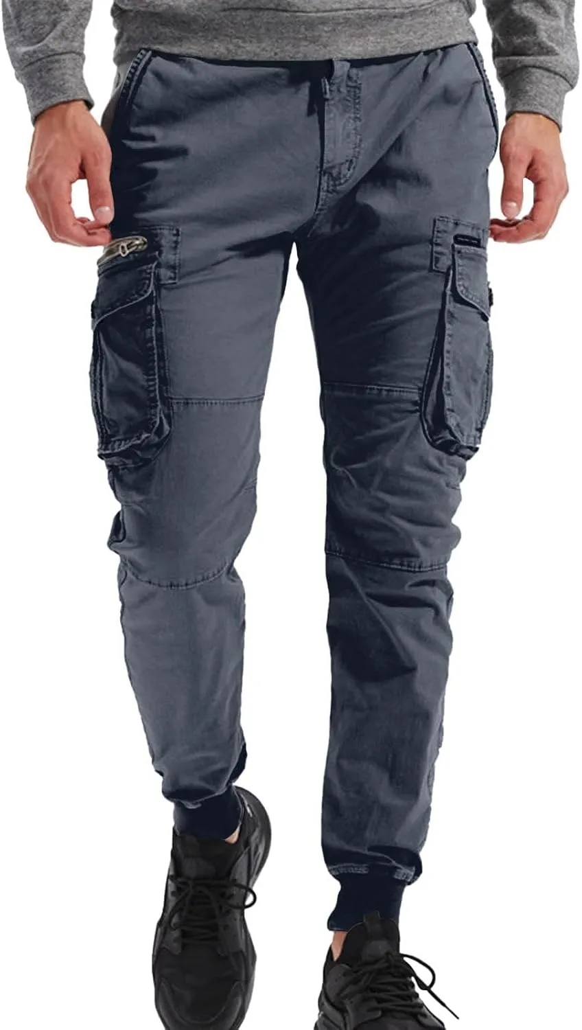 Mens Drawstring Cargo Pants Slim Fit Lightweight Track Trousers with Zip Pockets Cinch Bottom Tactical Pants Joggers