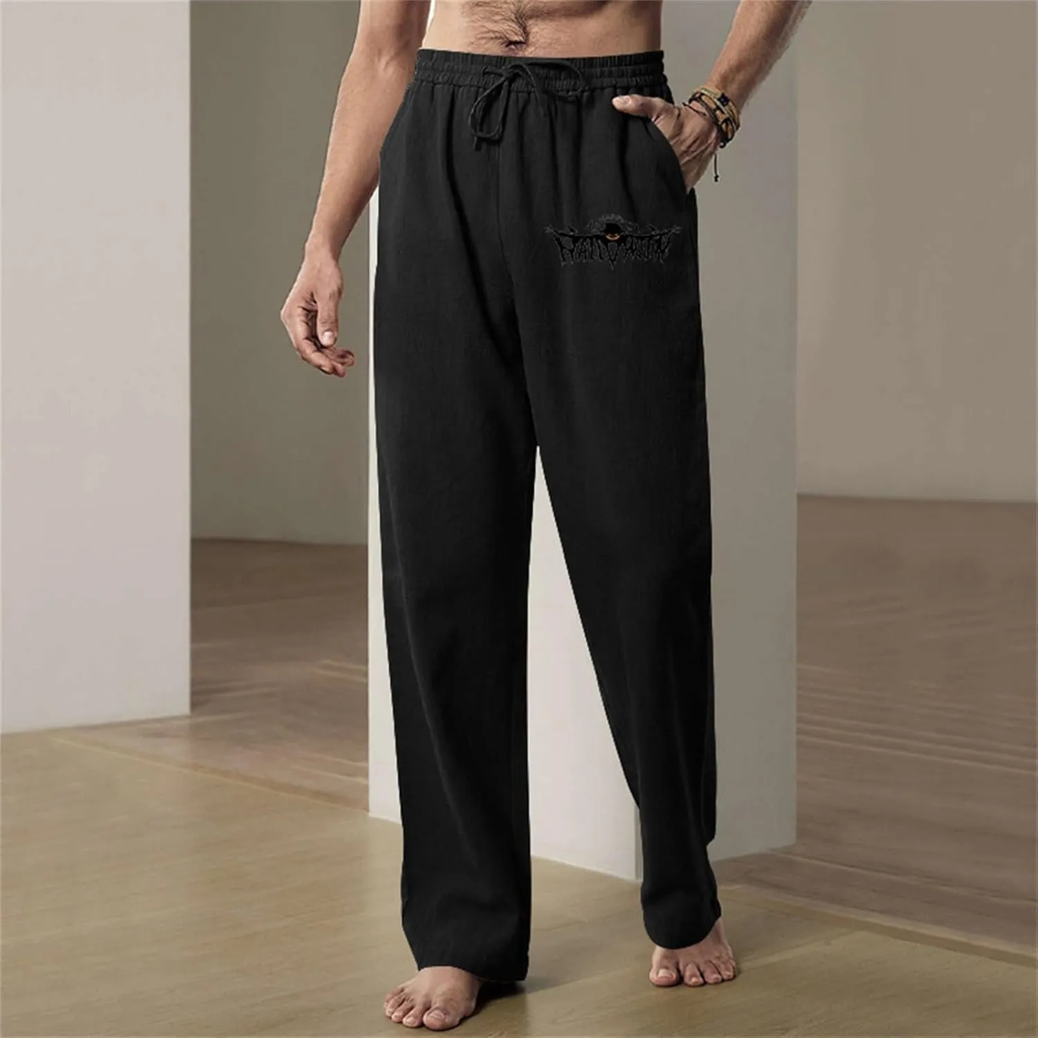 Mens Heavyweight Fleece Cargo Sweatpants Cotton and Linen Pocket Elastic Waist Large Hiking Outdoor Twill Track Pants