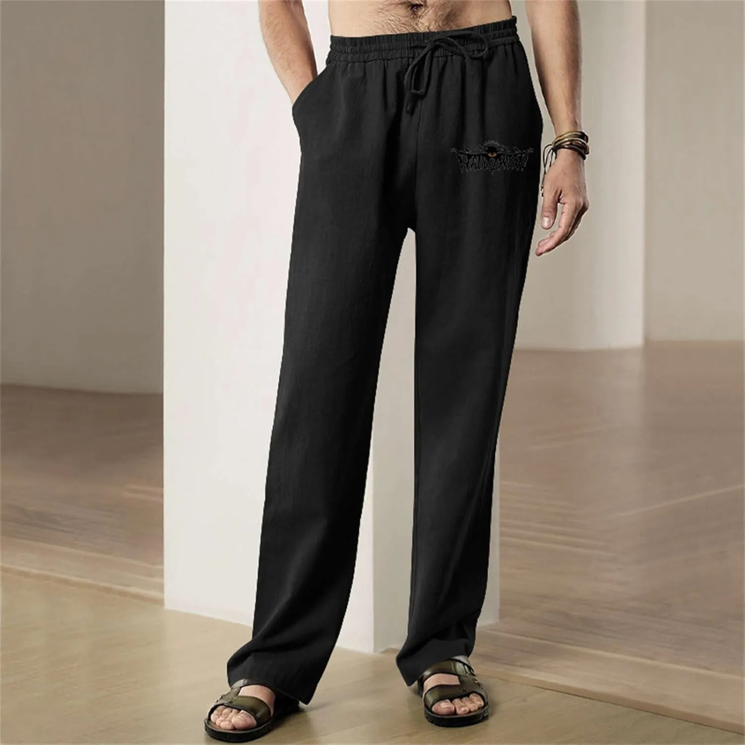 Mens Heavyweight Fleece Cargo Sweatpants Cotton and Linen Pocket Elastic Waist Large Hiking Outdoor Twill Track Pants