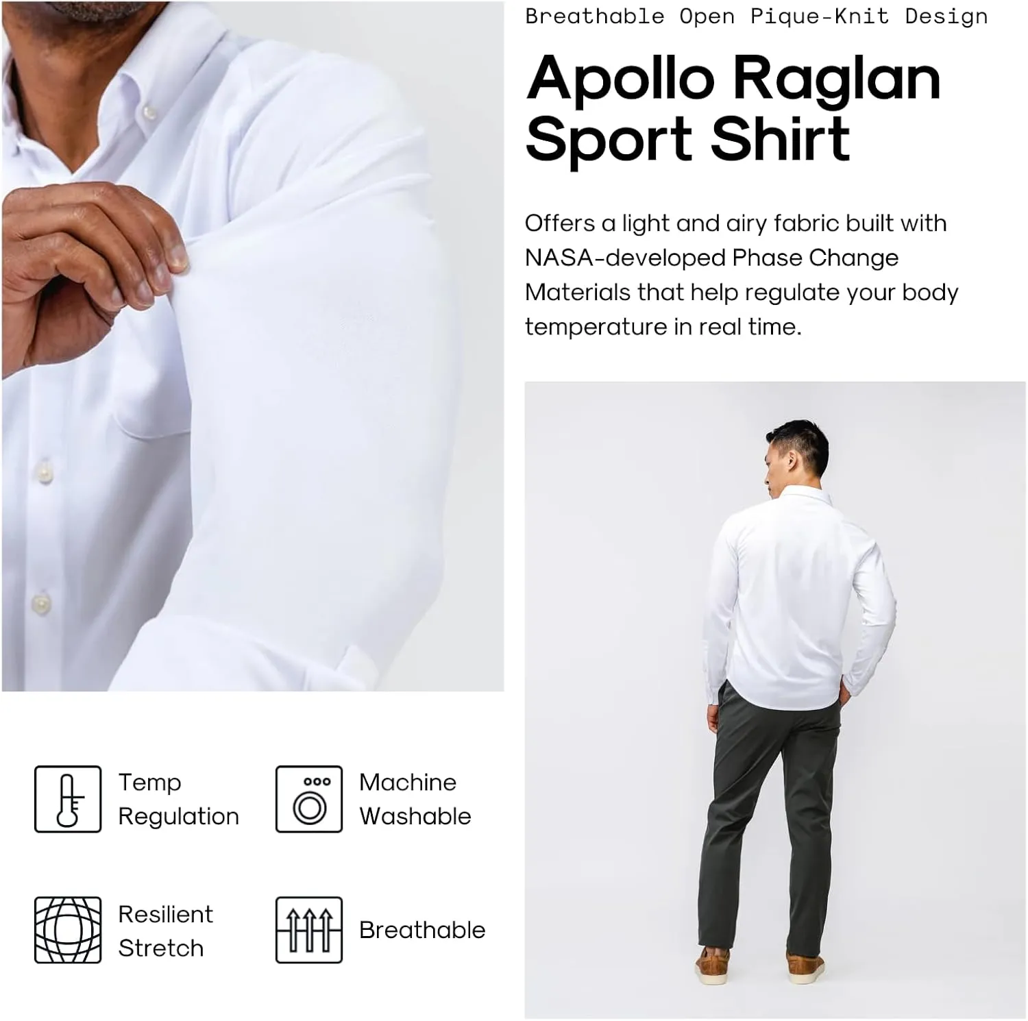 Ministry of Supply Men's Apollo Raglan Sport Dress Shirt, Casual Long Sleeve Button Down, Moisture Wicking, Wrinkle-Resistant