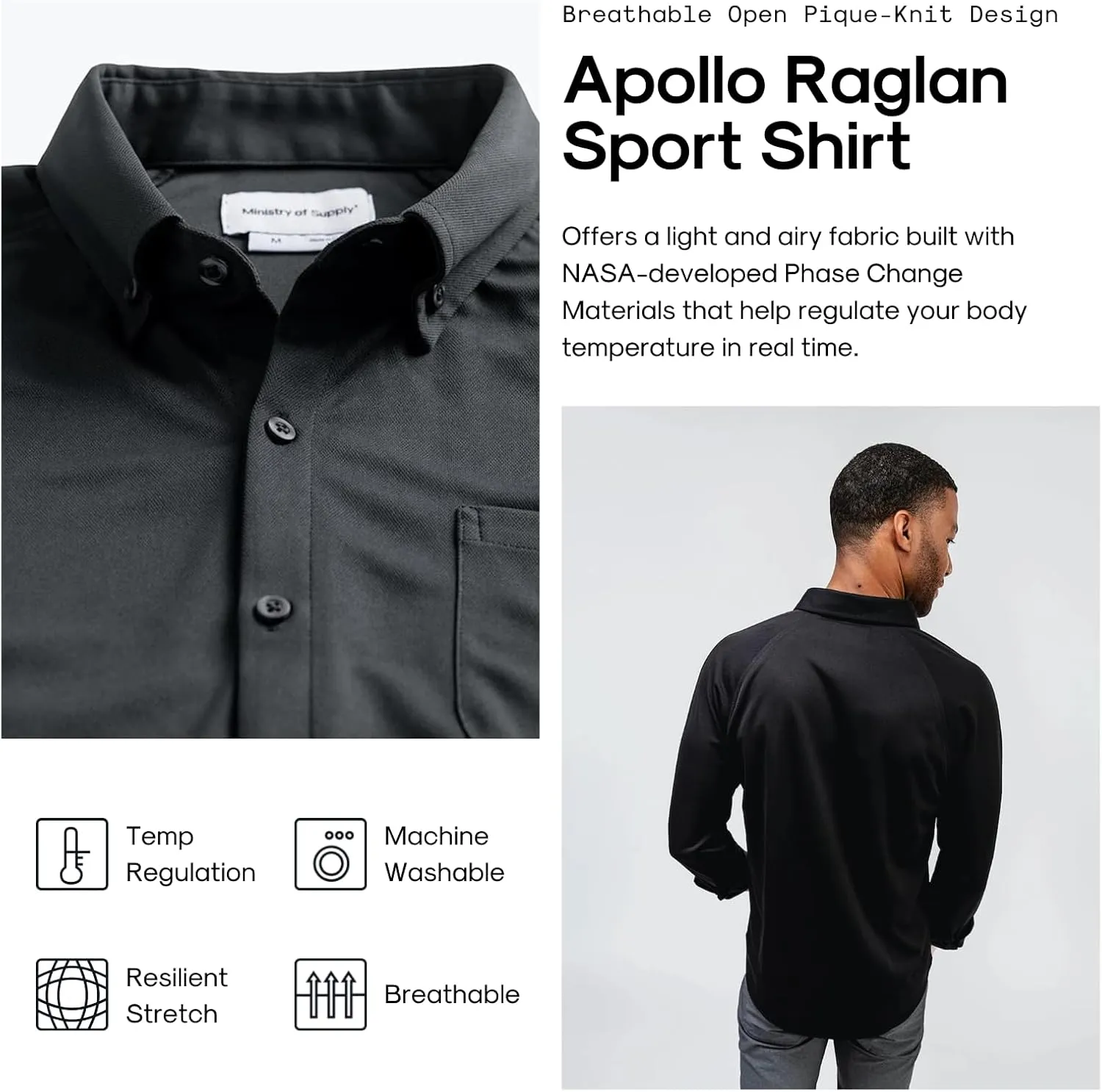 Ministry of Supply Men's Apollo Raglan Sport Dress Shirt, Casual Long Sleeve Button Down, Moisture Wicking, Wrinkle-Resistant