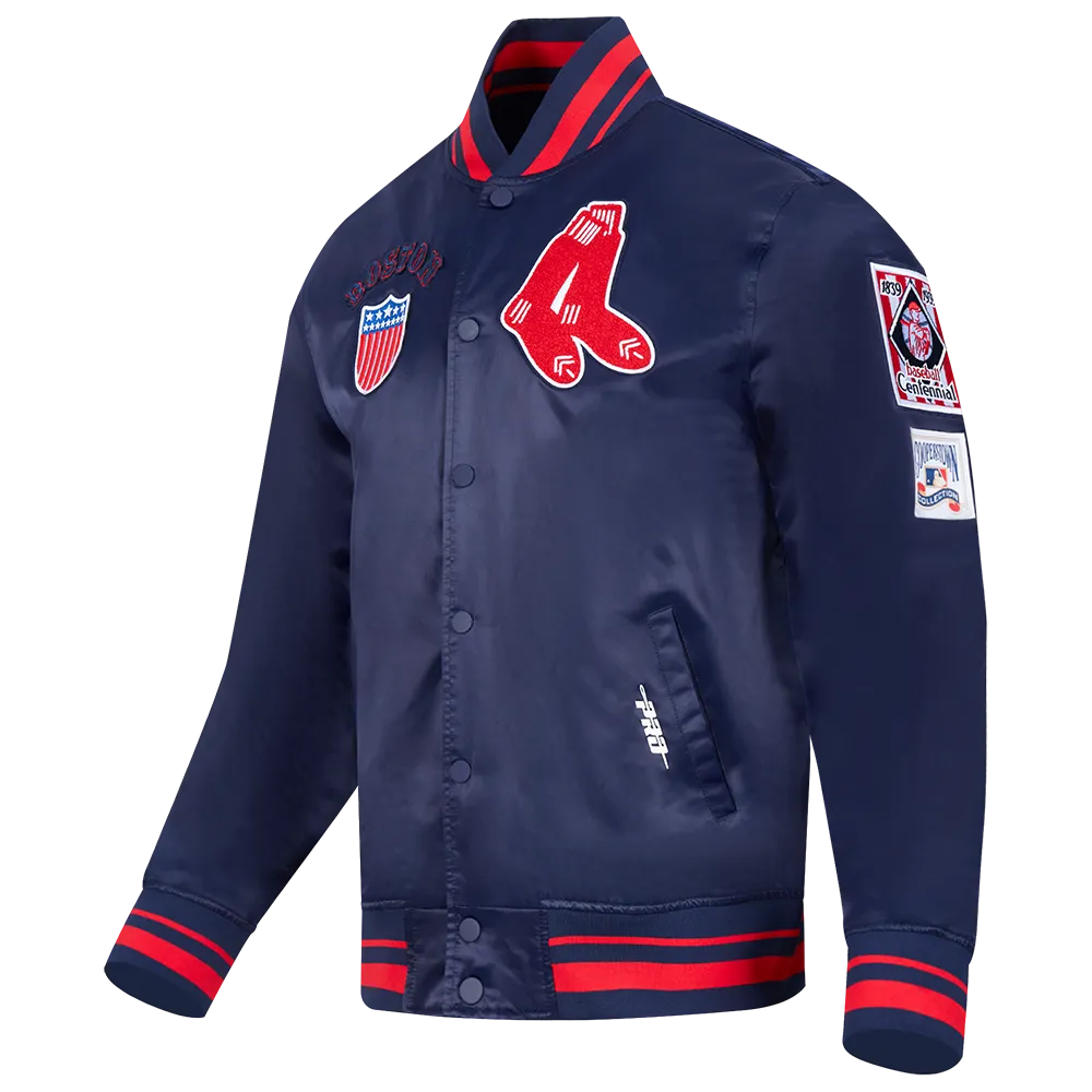 MLB BOSTON RED SOX RETRO CLASSIC MEN'S RIB SATIN JACKET (MIDNIGHT NAVY/RED/MIDNIGHT NAVY)