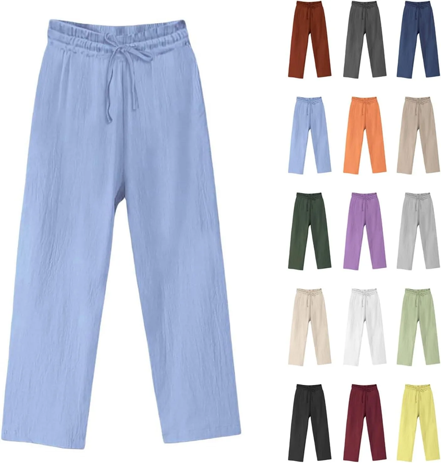 Women Linen Palazzo Pants Wide Leg,High Waist Casual Lounge Pant with Pockets Trendy Plus Size Loose Trousers Pants