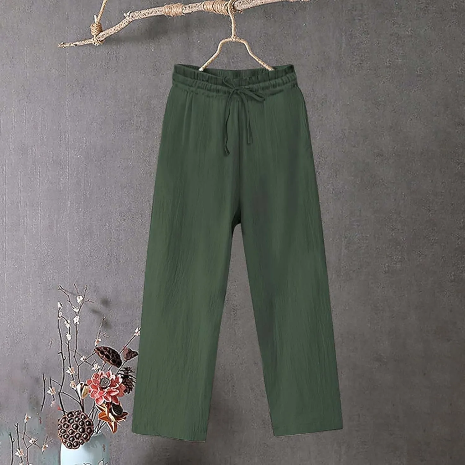Women Linen Palazzo Pants Wide Leg,High Waist Casual Lounge Pant with Pockets Trendy Plus Size Loose Trousers Pants