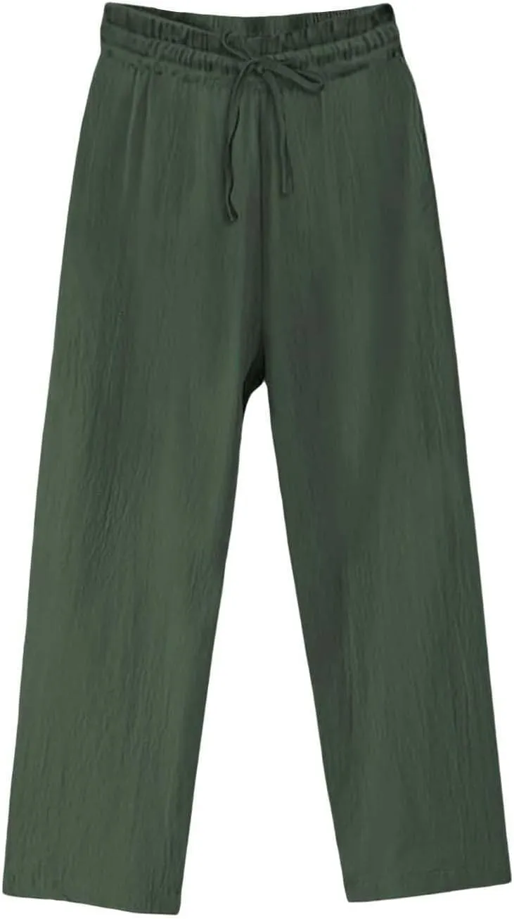 Women Linen Palazzo Pants Wide Leg,High Waist Casual Lounge Pant with Pockets Trendy Plus Size Loose Trousers Pants