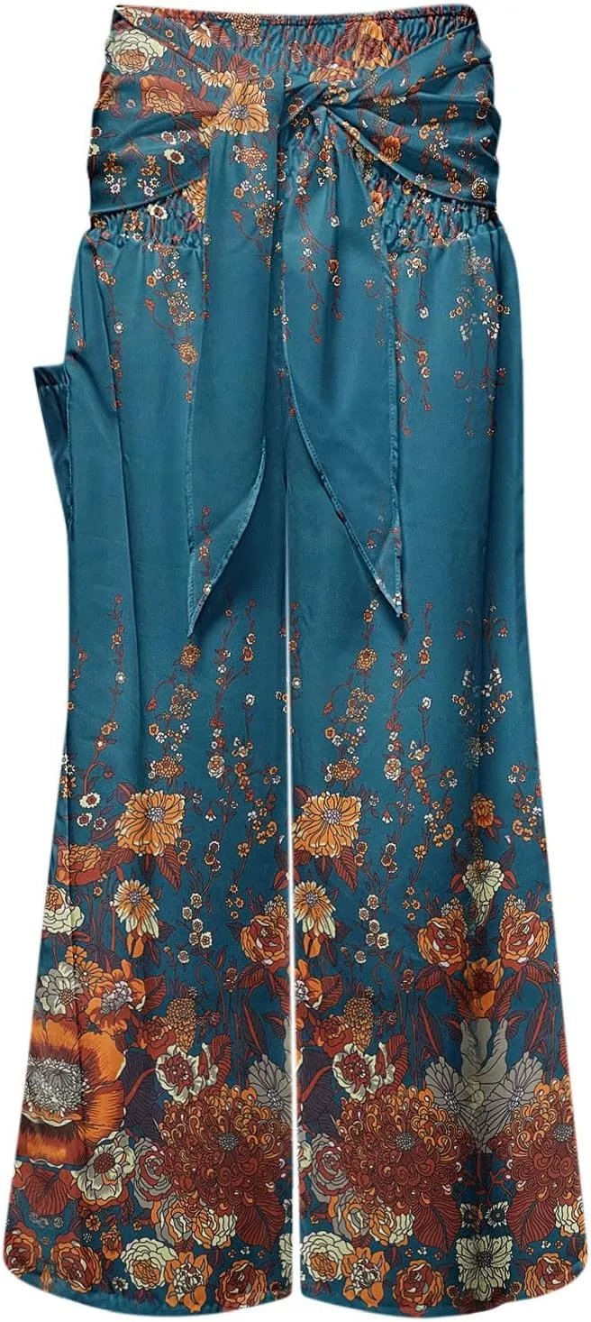 Women Vintage Boho Pants Floral Print Harem Yoga Trousers Fold Over High Waist Wide Leg Casual Pants with Pockets (Blue, L)