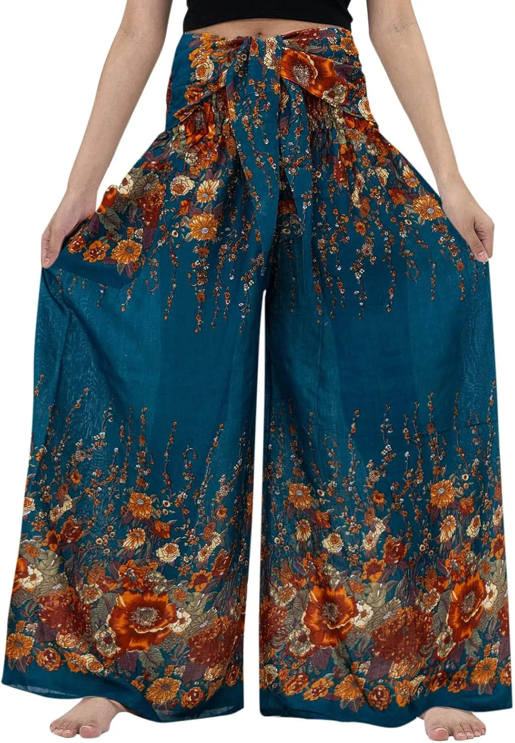 Women Vintage Boho Pants Floral Print Harem Yoga Trousers Fold Over High Waist Wide Leg Casual Pants with Pockets (Blue, L)